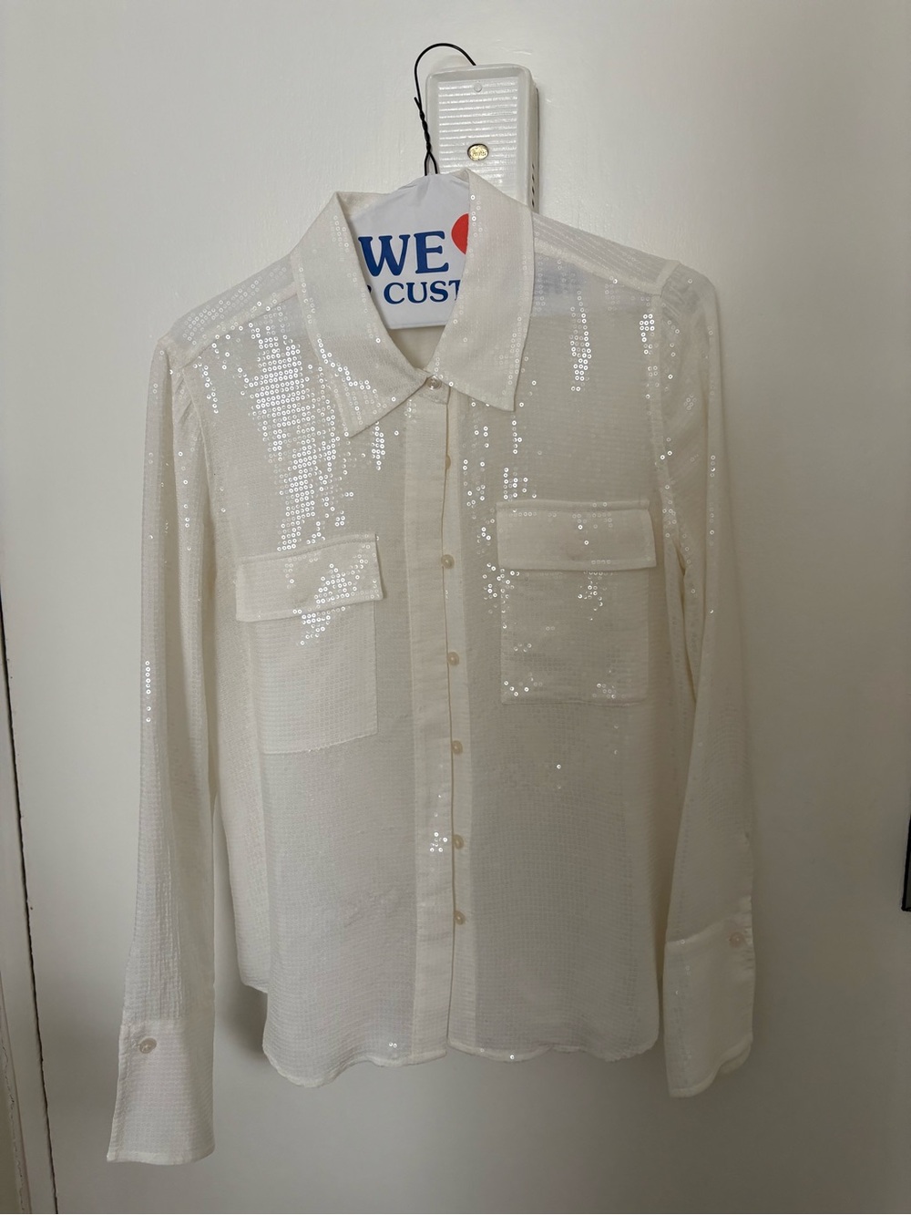 Good American Cream Sequin Button-Front Blouse
